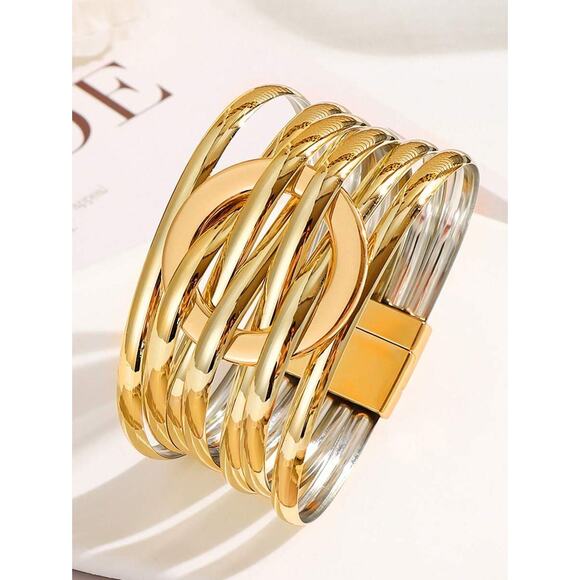 Gold Geometric Chic Cuff Bracelet w/ Gold Circle Accent & Magnetic Closure - Picture 1 of 3
